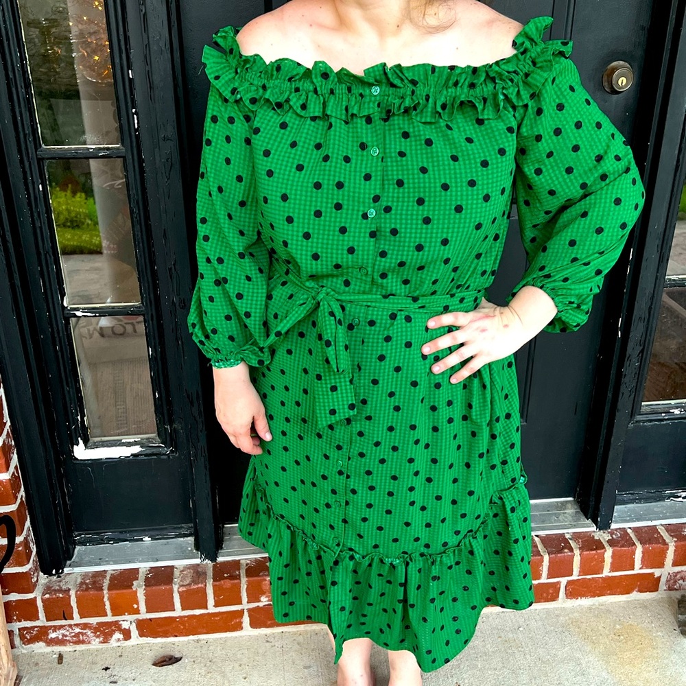 Who What Wear Emerald Green and Black Polka Dot Off shoulder ruffle Dress-Med!